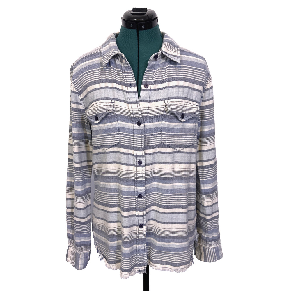 Dylan Sundance Womens Button Up Shirt Blue Stripe Raw Hem Collared LS Size Small